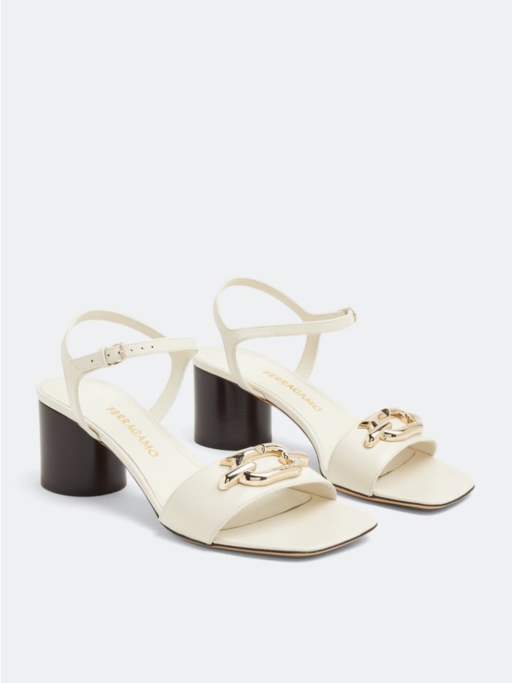 Salvatore Ferragamo Priscilla Ivory Leather Block Heel Sandals with Gold Chain